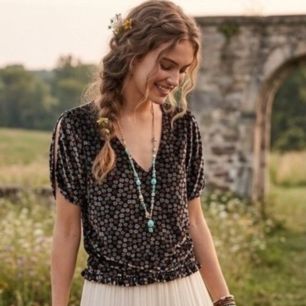 Madewell Black Floral Devoré Velvet Top XS Boho Dark Academia Romantic Elevated